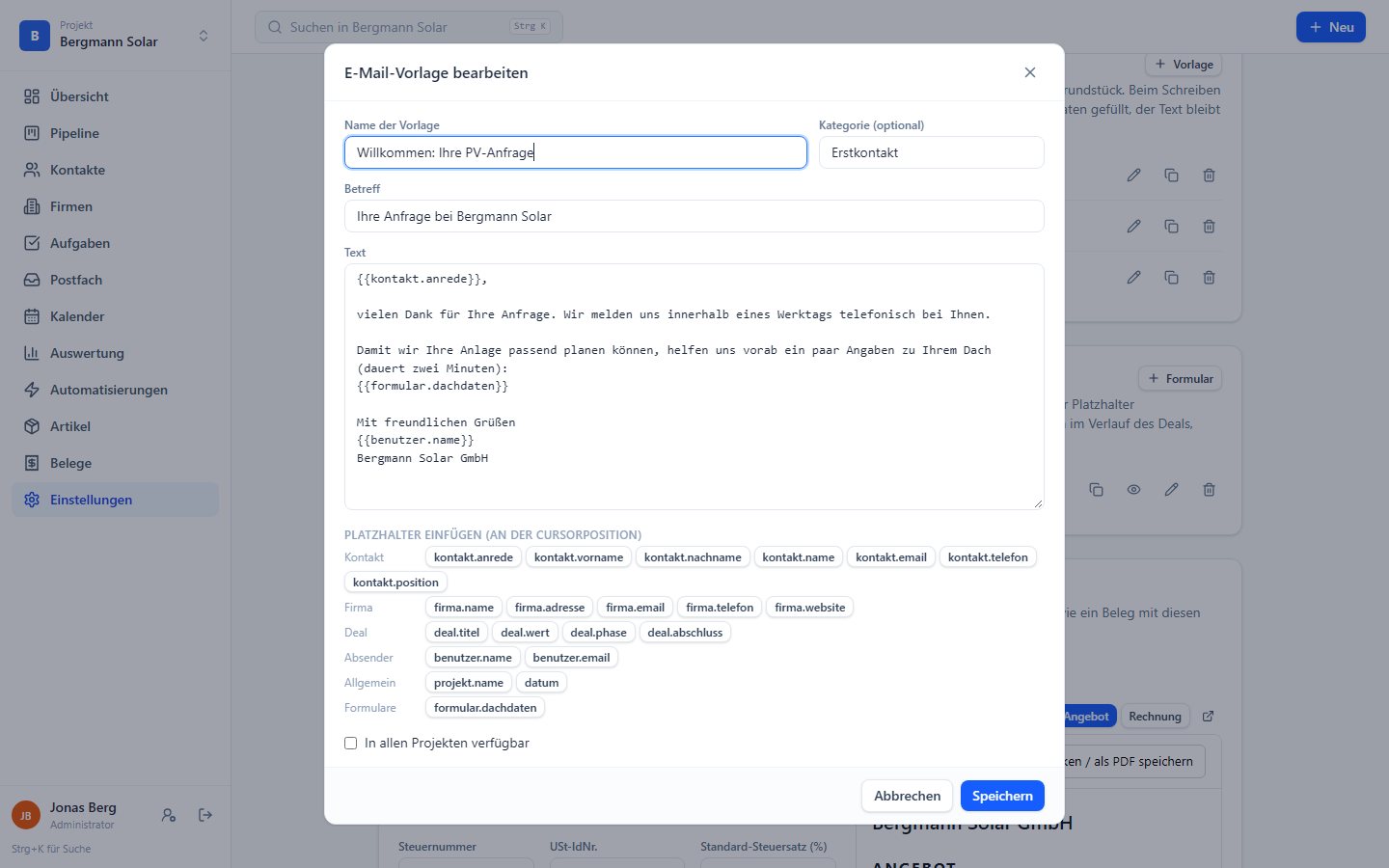 Editor für eine E-Mail-Vorlage mit Platzhaltern
