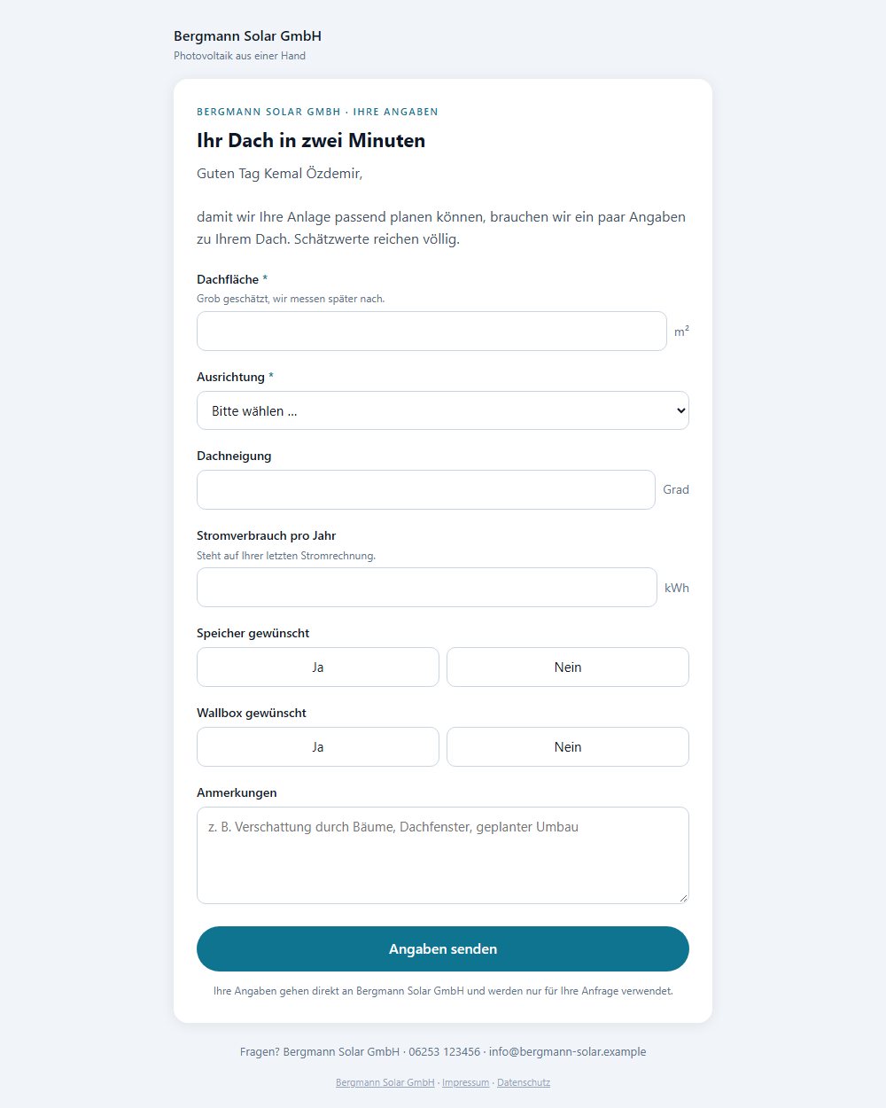 Kundenseite eines Formulars