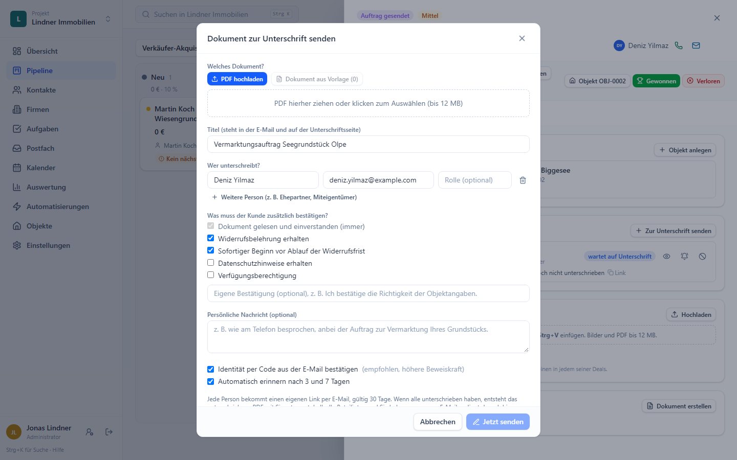 Dialog Dokument zur Unterschrift senden: PDF, Unterzeichner, Bestätigungen, Code