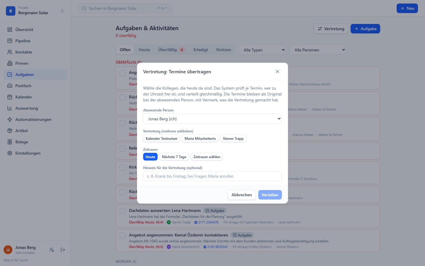 Dialog Vertretung: Termine übertragen